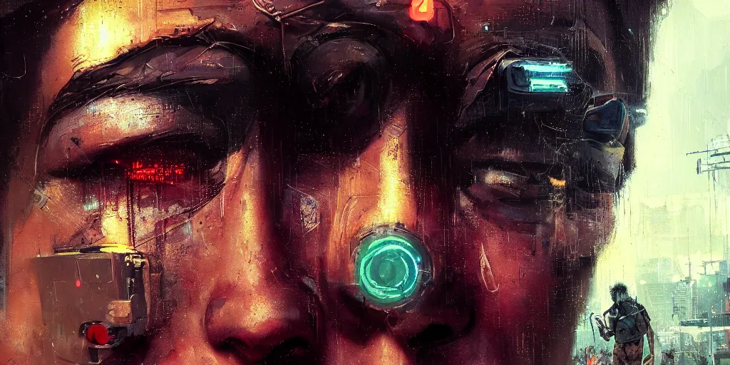 Image similar to extreme closeup on the eyes of a neon guard boy with short dark hair cyberpunk futuristic, in front of a dystopian crowd with piles of garbage by Ismail inceoglu dragan bibin hans thoma, Perfect face, fine details, realistic shaded, fine-face, pretty face