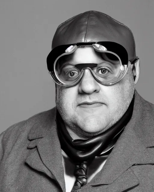 Prompt: headshot of josh mostel wearing a leather cap and aviator goggles, he is also wearing an a 2 flight jacket, a long white scarf is wrapped around his neck, he has a 5 o'clock shadow, a crazed angry look on his face