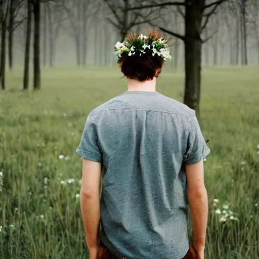 Image similar to kodak portra 1 6 0 photograph of a skinny guy standing in field of dead trees, flower crown, back view, moody lighting, moody vibe, telephoto, 9 0 s vibe, blurry background, tranquil, calm, faded!,