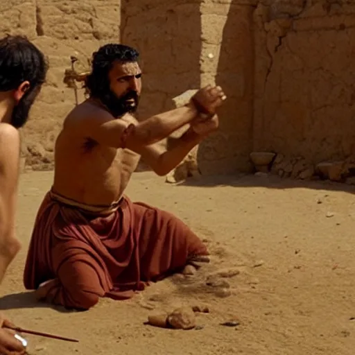 Image similar to cinematic still of angered middle eastern skinned man in ancient Canaanite clothing stabbing another middle eastern skinned man in ancient Canaanite clothing, Biblical epic by Christopher Nolan