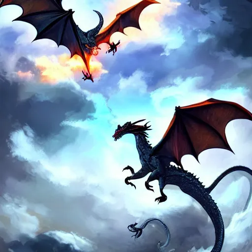 Prompt: dragons flying, fantasy scenery, clouds, beautiful, brilliant colors, shinning, peaceful, digital art, detailed, artstation