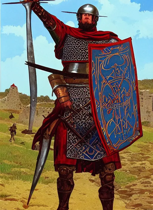 Image similar to character art illustration of a medieval Byzantine infantry warrior by Angus McBride.