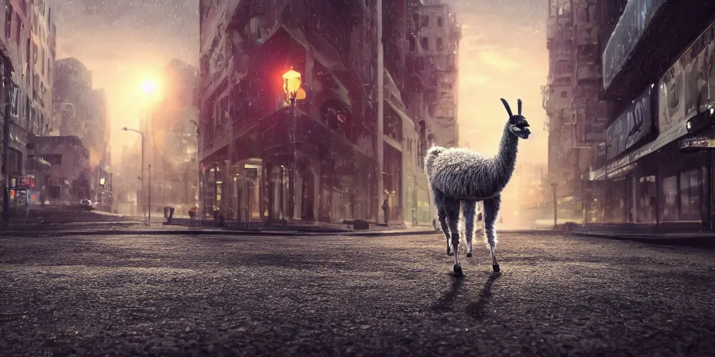 Image similar to a llama walking through a desolate city street at night, realistic 4 k octane beautifully detailed render, 4 k post - processing, highly detailed, intricate complexity, epic composition, magical atmosphere, cinematic lighting, masterpiece, ultra hd