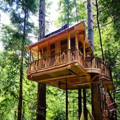 Image similar to a tree house, ladders, hanging bridges, hanging gardens, in the forest, beautiful scenery