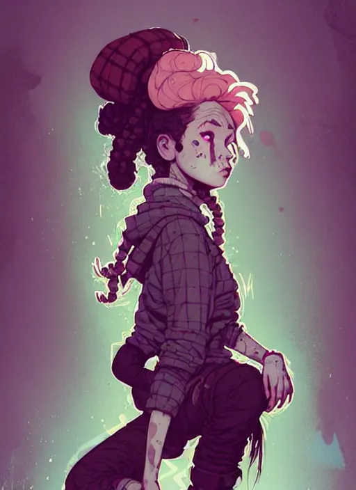 Image similar to highly detailed portrait of a sewer punk lady, tartan hoody, ringlet hair by atey ghailan, by greg rutkowski, by greg tocchini, by james gilleard, by joe fenton, by kaethe butcher, gradient pink, brown, light blue and white color scheme, grunge aesthetic!!! ( ( graffiti tag wall background ) )