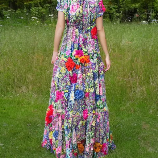 Prompt: a long dress made out of flowers