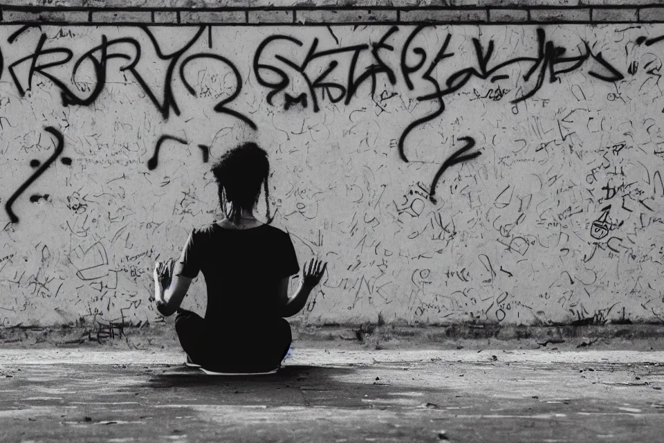 Image similar to black and white photograph of graffiti showing a person meditating