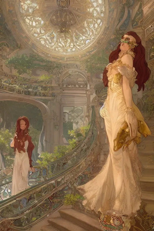 Image similar to Inside a beautiful Palace in the paradise by Krenz Cushart, Mucha, Rococó, trending on artstation, artstationHD, artstationHQ, 4k, 8k