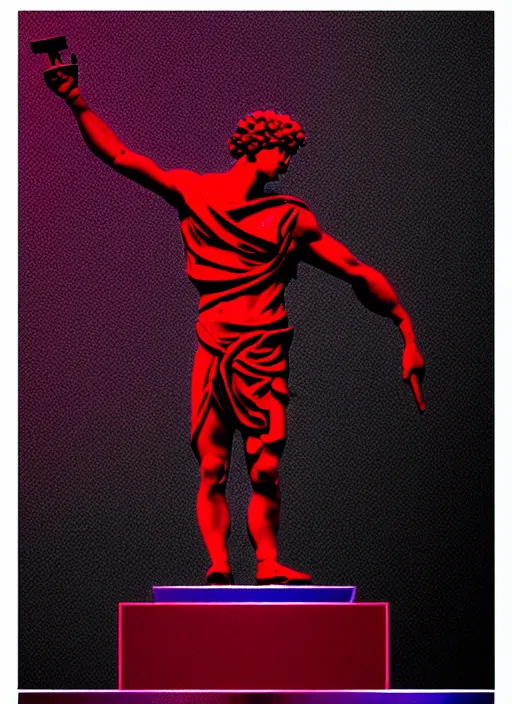 Prompt: black background with subtle red and purple design elements, greco roman statue, grey, nekro, thin lines, dark, glitch art, neo vaporwave, gritty, layout frame, trending on artstation