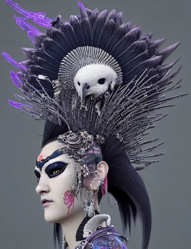 Image similar to 3 d goddess close - up profile simple portrait punk with mohawk with ram skull. beautiful intricately detailed japanese crow kitsune mask and clasical japanese kimono. betta fish, jellyfish phoenix, bio luminescent, plasma, ice, water, wind, creature, artwork by tooth wu and wlop and beeple and greg rutkowski