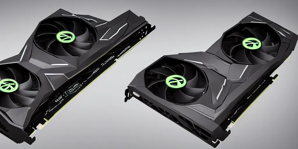 Image similar to product photo of triple wide extra long gtx rtx 4 0 9 0 nvidia gpu graphics card dramatic black background neon lighting gamer hardware