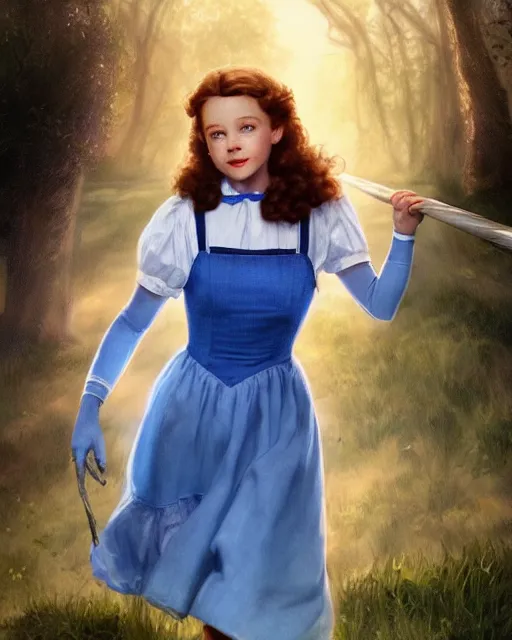 Prompt: dorothy from the wizard of oz, perfect face, blue dress over white shirt, cinematic, stunning, highly detailed, digital painting, artstation, smooth, hard focus, illustration, art by jessica rossier and and brian froud