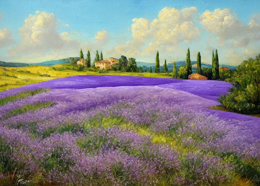 Image similar to lavander field in italian landscape, oil painting