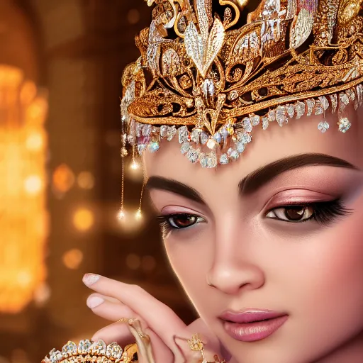 Image similar to portrait of pretty princess with perfect skin, glowing, ornate and intricate diamond jewelry, jaw dropping beauty, ornate and intricate backdrop, white accent lighting, hyper detailed, 4 k octane render