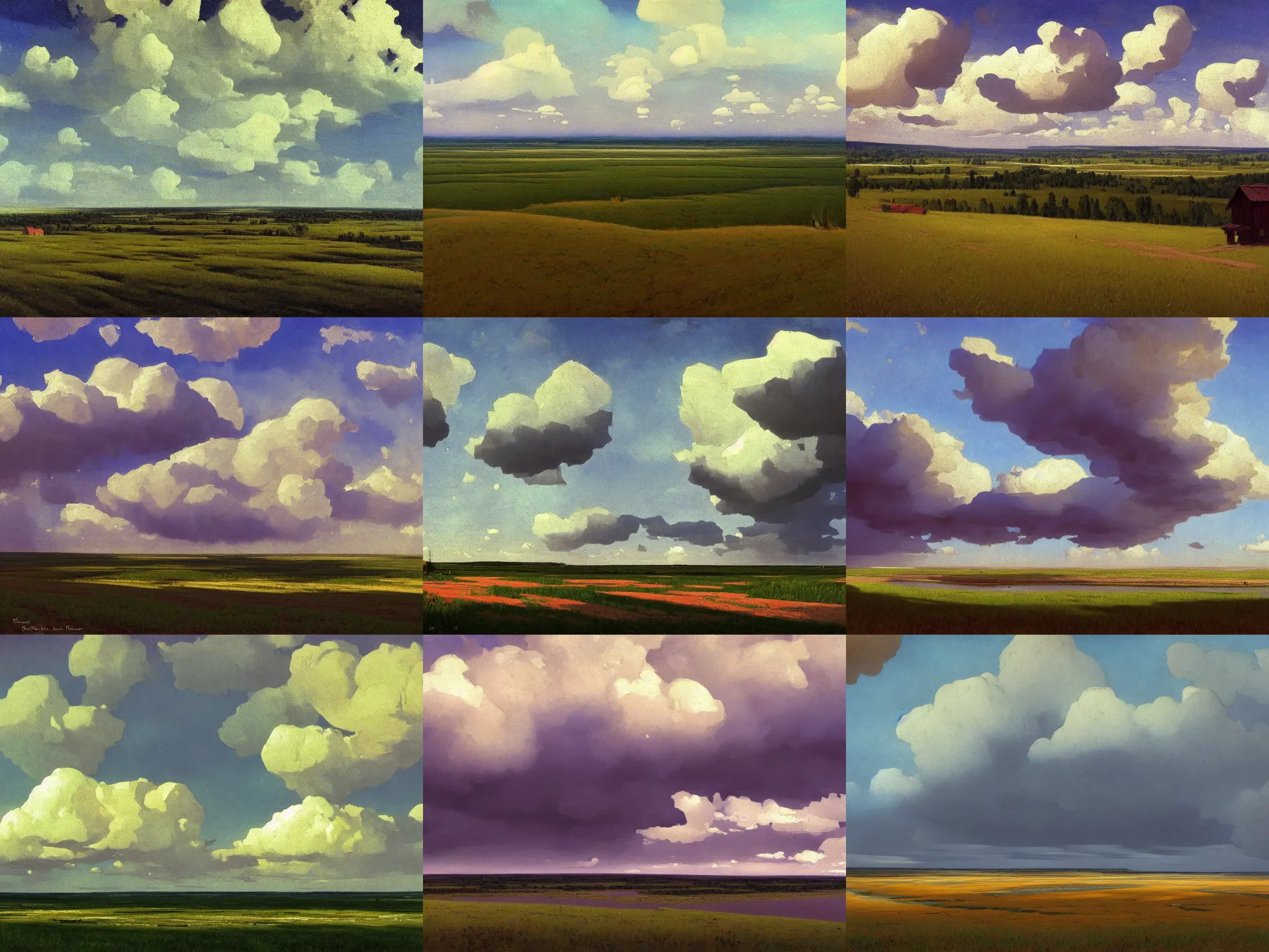 Prompt: painting in the style of Isaac Levitan, Savrasov, arkhip kuindzhi, T Allen Lawson and Ian Fisher and sidney richard percy, wide river and tiny house on the top of the hill, dream heavenly cloudy sky, horzon, stromy clouds, volumetric lighting, very beautiful scenery, pastel colors, ultra view angle view