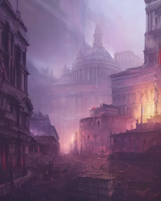 Image similar to eternal city, city of secrets, purple, environment art, fantasy art, landscape art, in the style of greg rutkowski, illustration, epic, fantasy, intricate, hyper detailed, artstation, concept art, smooth, sharp focus, ray tracing