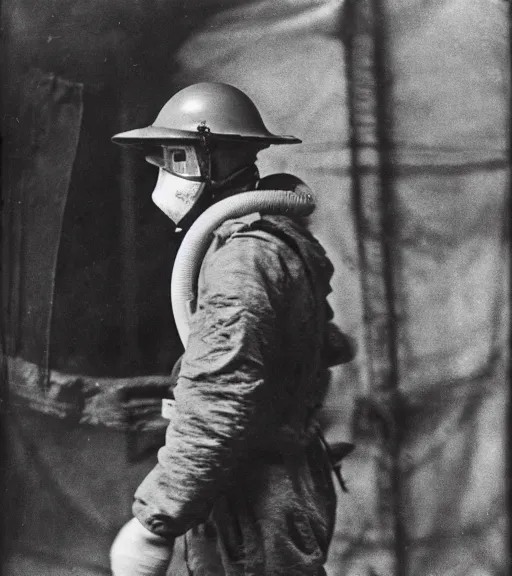 Image similar to man in a anti-radiation hazmat suit, ww1 film photo, grainy, high detail, high resolution