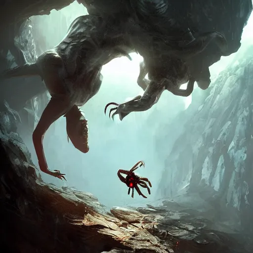 Image similar to of an anthopomorphic spider woman in a cave upside down, scary, beautiful landscape, dramatic lighting, cinematic, establishing shot, extremly high detail, photorealistic, cinematic lighting, post processed, concept art, artstation, matte painting, style by greg rutkowsky