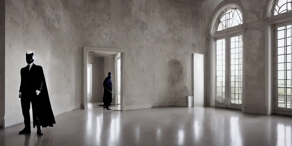 Prompt: Batman standing in giant Italian modern castle living room, clean minimalist design, that is 1300 feet tall, with very tall giant walls filled with modern art paintings, doors that are cosmic portals, photo by Annie Leibovitz