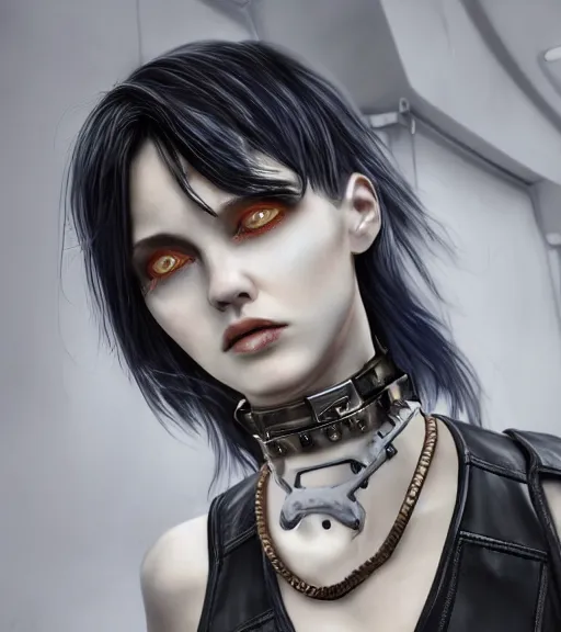 Image similar to detailed realistic female character cyberpunk wearing thick steel collar around neck, realistic, art, beautiful, 4K, collar, choker, collar around neck, punk, artstation, detailed, female, woman, choker, cyberpunk, neon, punk, collar, choker, collar around neck, thick collar, tight around neck, punk, choker, hyperrealistic, realistic, female, punk female,