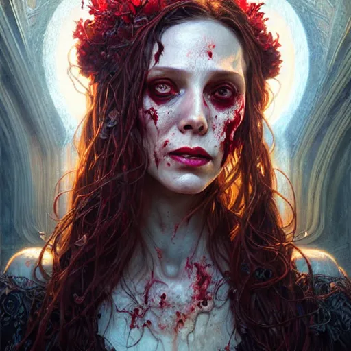 Image similar to portrait painting of zombified scarlet witch decaying, ultra realistic, concept art, intricate details, eerie, highly detailed, photorealistic, octane render, 8 k, unreal engine. art by artgerm and greg rutkowski and charlie bowater and magali villeneuve and alphonse mucha