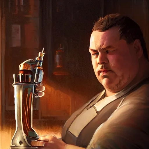 Image similar to closeup portrait of an overweight barkeeper with a prosthetic robot arm, ratz, neuromancer, bar background, painted by greg rutkowski, painted by igor kieryluk, high detail, dramatic light, digital art, trending on artstation