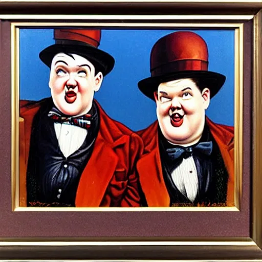 Prompt: A portrait of Stan Laurel and Oliver Hardy in hats by Frank Kelly Freas