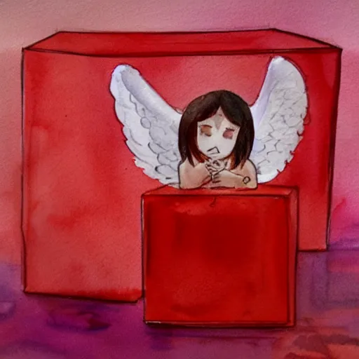 Image similar to Angel crying on top of a red ocean cube, trending on ArtStation watercolor drawing painting creative painterly artistic