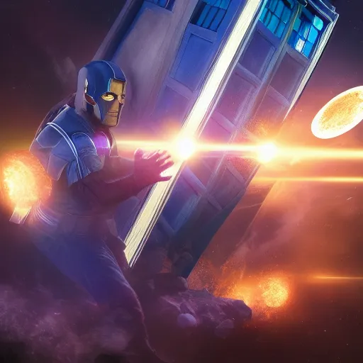 Prompt: The TARDIS smacking right into Thanos, hyperdetailed, artstation, cgsociety, 8k