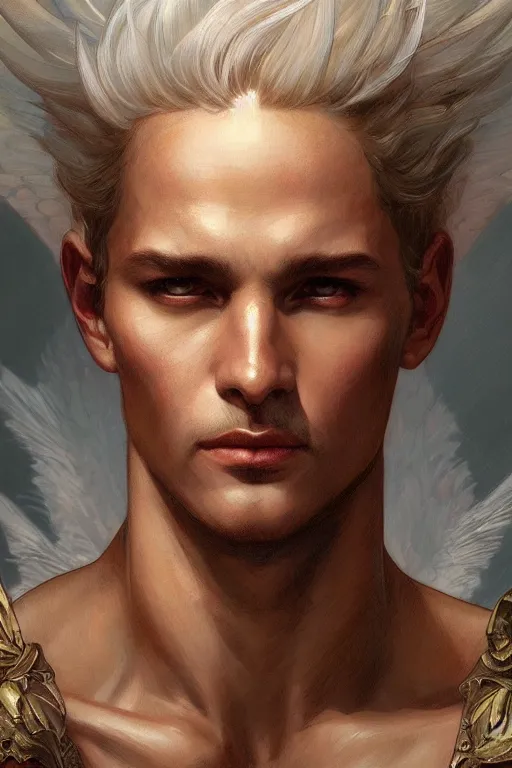 Image similar to up close portrait of a male angel, d & d, face, fantasy, intricate, elegant, highly detailed, digital painting, artstation, concept art, smooth, sharp focus, illustration, art by artgerm and greg rutkowski and alphonse mucha