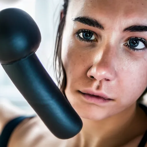 Image similar to an extreme close-up of the face of a young woman exercising, award winning photo, very detailed, 8k cinematic, beautiful lighting effects