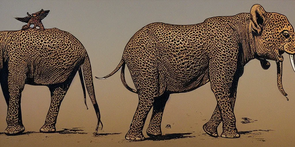 Prompt: Highly detailed painting of a elephant and a cheetah by moebius