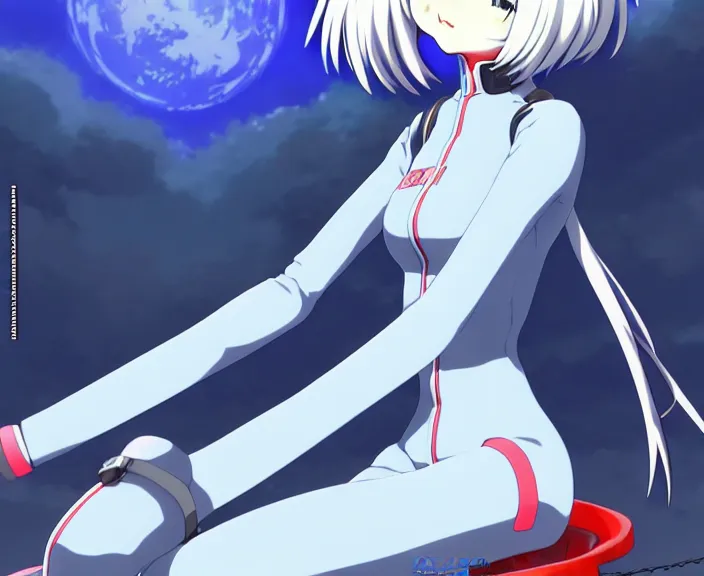 Image similar to anime art, fullbody shot of female rei ayanami, evangelion, long blue hair and large eyes, finely detailed perfect face, in a pale skintight plugsuit, sitting on rooftop, flooded city, trending on pixiv fanbox, by ilya kuvshinov, sola digital arts,, raytracing