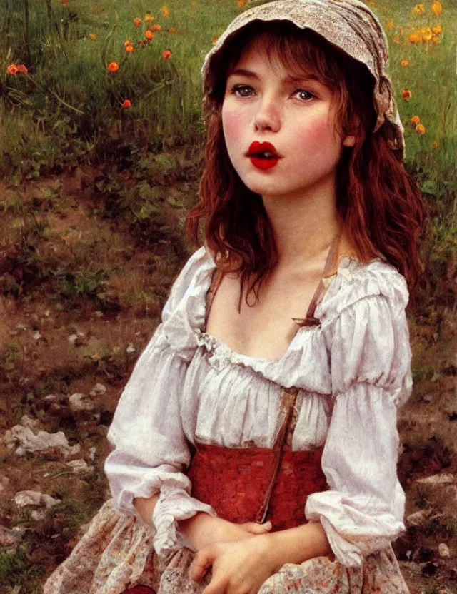 Prompt: peasant girl put cherry in her mouth with appetite, portrait, lolita style, Cottage core, Cinematic focus, Polaroid photo, vintage, neutral colors, soft lights, foggy, by Steve Hanks, by Serov Valentin, by Andrei Tarkovsky, by Terrence Malick, 8k render, detailed, oil on canvas