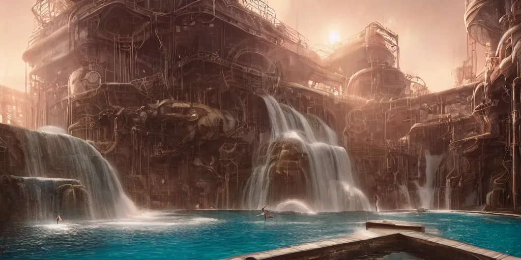 Image similar to beautiful pool waterfalls surrounded by alien robots, steel archways, industrial buildings, rusty metal towers, sun setting, ross tran, fantasy, james jean, peter morbacher, angelarium, alchemy, luxury, heavenly light, soft illumination, trending on artstation, cinematic lighting, digital painting, octane render, artgerm