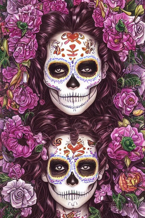 Image similar to illustration of a sugar skull day of the dead girl, art by hajime sorayama