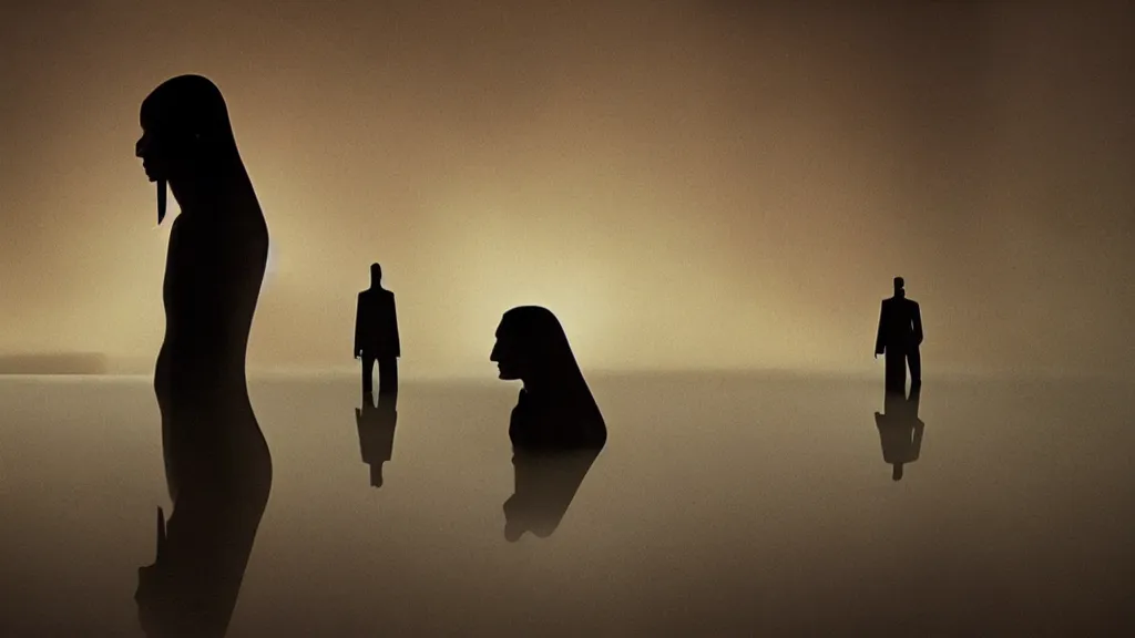 Image similar to the false reflection of a monster, film still from the movie directed by Denis Villeneuve with art direction by Salvador Dalí, wide lens