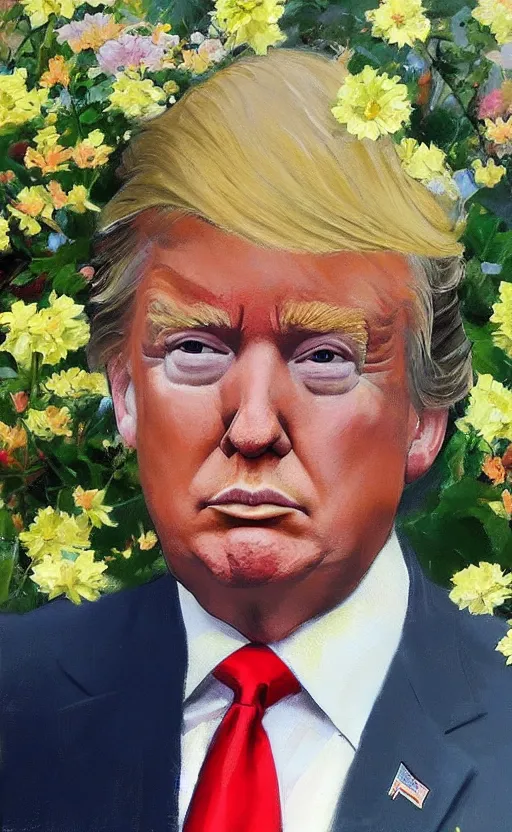 Image similar to romantic photorealistic portrait painting of donald trump surrounded by beautiful flowers, by gregory manchess, james gurney, james jean