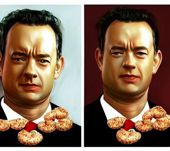 Image similar to Tom hanks as forrest gump wearing a necklace of shrimps around the neck, realistic face, digital art, in the style of Aleksi Briclot, amazing detail, artstation