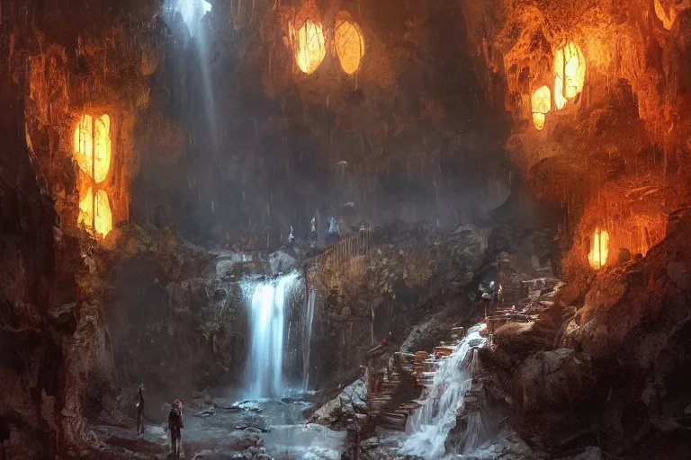 Prompt: 1 1 1 1 inside of a dark cave, small water stream and staircase to a waterfall, orange minerals, fantasy, highly detailed, art by greg rutkowski