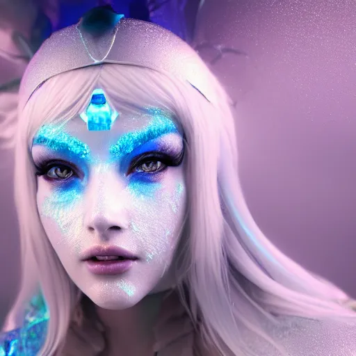 Prompt: ice goddess with beautiful face with a glowing blue crystal on her forehead, frosty white eyes, winter mist around her, white plated armor, pale skin, white smoke + photorealism, octane render, frostbite, 8 k, cinematic, 3 5 mm, aspect ratio