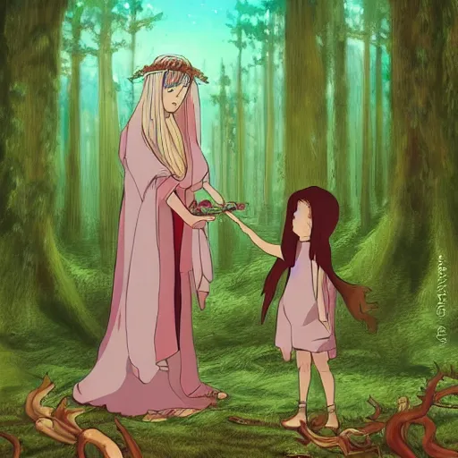 Image similar to “portrait of the goddess of love and her daughter making a ritual sacrifice in a magical forest, ghibli, detailed, sharp focus, digital art, detailed face”