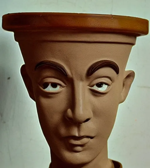 Image similar to flower pot with the face of a young Buster Keaton. Prominent cheek bones, gaunt, handsome, terracotta flowerpot growing African violets