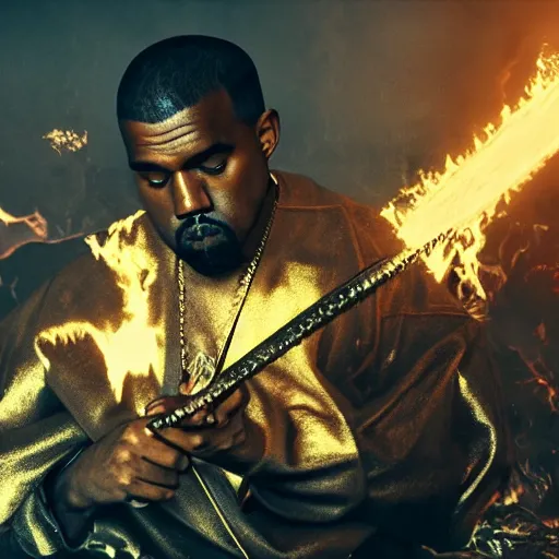 Image similar to kanye west fighting against demons with his golden sword in hell , 8k, hyper realistic, insanely detailed, legendary scene, octane render