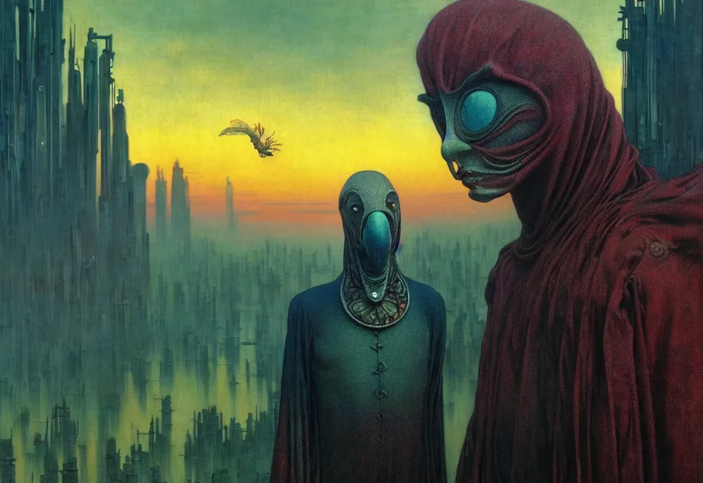 Image similar to realistic detailed portrait movie shot of a birdman wearing dark ragged robes, futuristic city sunset landscape background by denis villeneuve, amano, yves tanguy, alphonse mucha, ernst haeckel, max ernst, roger dean, rich moody colours, cinematic