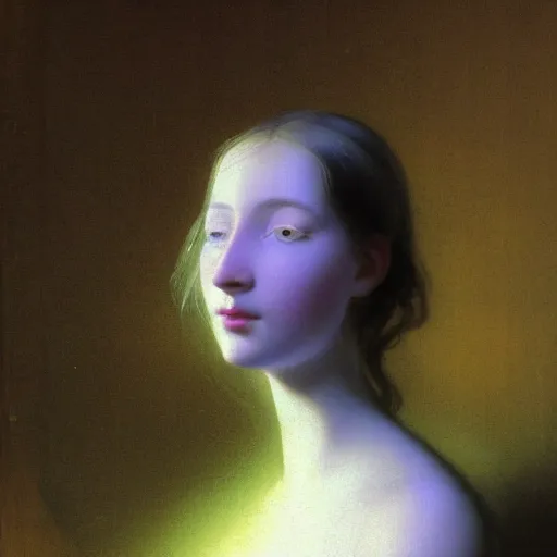 Image similar to a young woman's face, her hair is white and she wears a cobalt blue satin cloak, by ivan aivazovsky and syd mead and moebius and gaston bussiere and roger dean and pieter claesz and paul delaroche and alma tadema and aelbert cuyp and stanley kubrick, hyperrealistic, volumetric light, octane render
