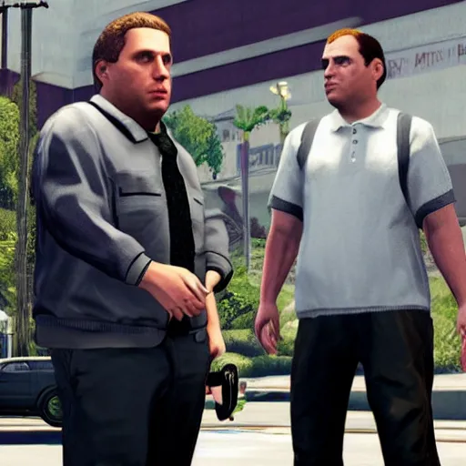 Prompt: jonah hill as a gta v character talking to trevor