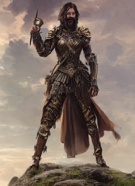 Image similar to highly detailed steampunk armor on gal gadot who is standing on a rock : leonardo da vinci, greg rutkowski, magali villeneuve