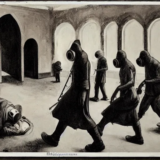 Image similar to apocalyptic scene,prayer,occult,refugees,mosque synagogue interior,gas masks,geometric art,patina,edward hopper