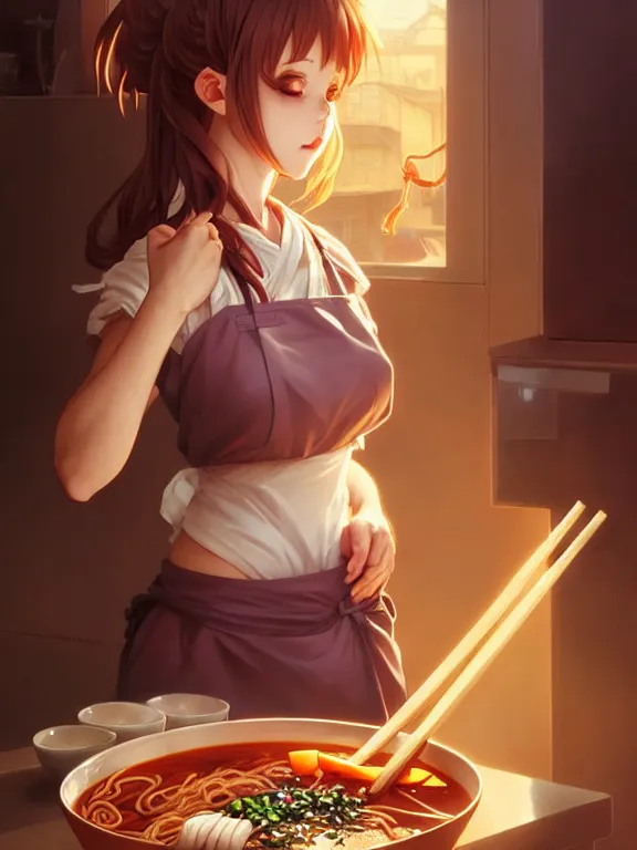 Image similar to full body picture of a rabbit ear girl making a ramen, bored, beautiful and aesthetic, intricate, unreal engine, neat hair, highly detailed, detailed face, smooth, sharp focus, chiaroscuro, manga illustration, artgerm, greg rutkowski, ilya kuvshinov, rossdraws, alphonse mucha, young adult light novel cover art